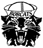 black & white roaring bobcat wearing a sailors cap with bobcats text 